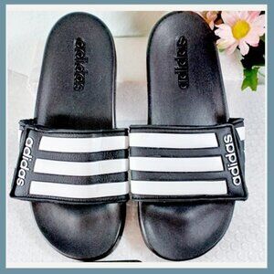 Adidas Black & White Slides Size 5 but fits like a Women's 7, Adidas Slides